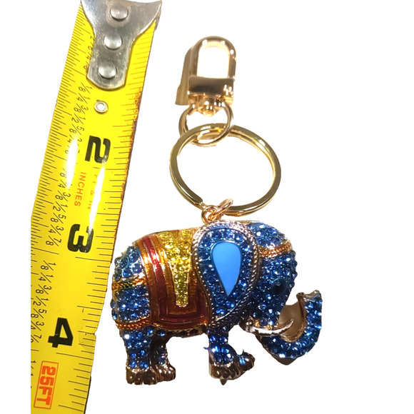 Blue Elephant Rhinestone Trunk Up Good Luck Gold Tone Sparkle Bling Keychain - Picture 5 of 5